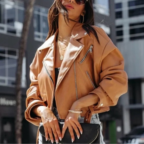 Women's Avec Les Filles Jacket – Camel synthetic leather biker style - Picture 4 of 12